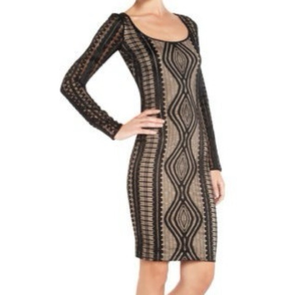 BCBGMaxAzria Black and Tan Geometric Long Sleeve Midi Dress
